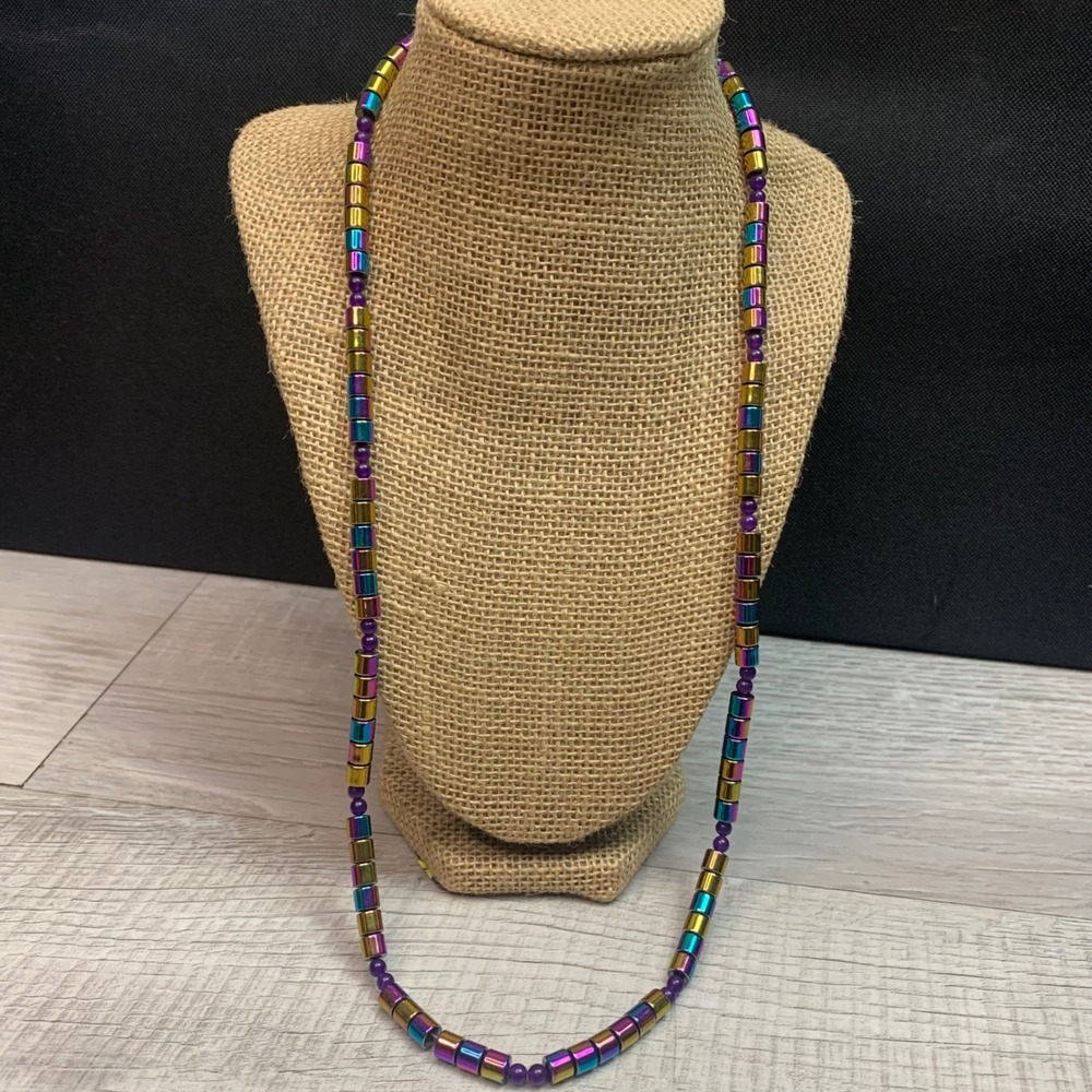 Rainbow Iridescent Hematite Cylinder Bead Necklace 28 Inch Heavy Metallic Purple